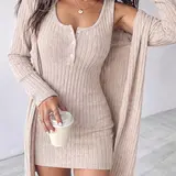 【Black Friday】Women's Ribbed Knit Sleeveless Bodycon Mini Dress and Long-Sleeve Open-Front Cardigan Two-Piece Set