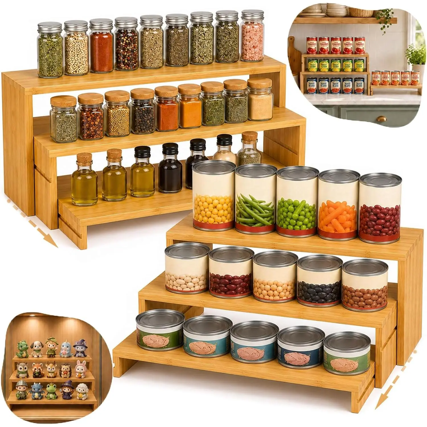 Expandable Bamboo Can Organizers and Rack for Pantry Cabinets 2 Set| 100% Natural Bamboo,Expandable 3 Ties,Depth for Pantry Cabinets,s sets,Spice Rack and Canned Food Organizer