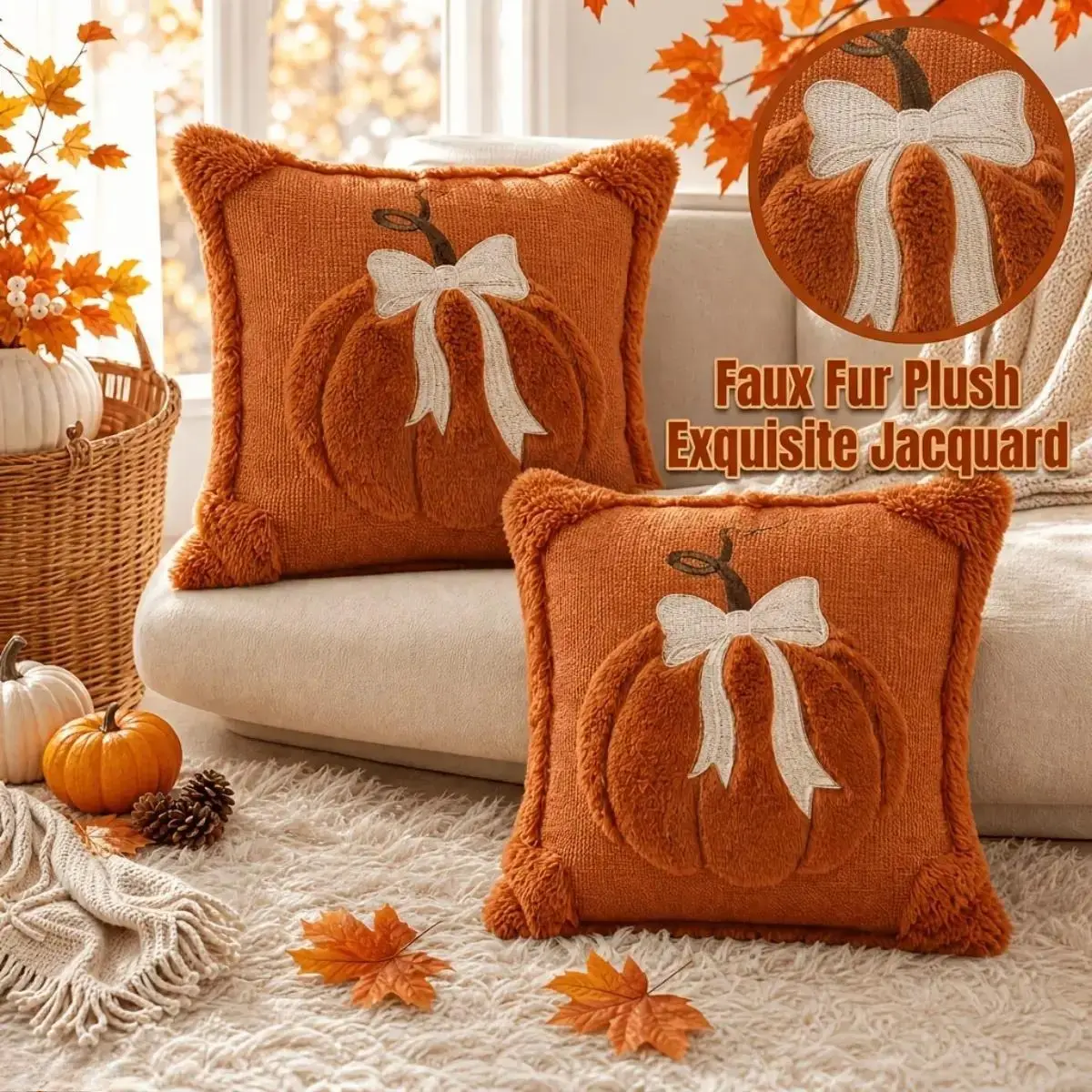 Faux Fur Mix Fall Decorative Pumpkin Throw Pillow Cover, Farmhouse Vibe Jacquard Cushion Cover with White Ribbon Bow Tie & Hidden Zipper, 18x18 Square Size Home Décor for Couch Bed Thanksgiving