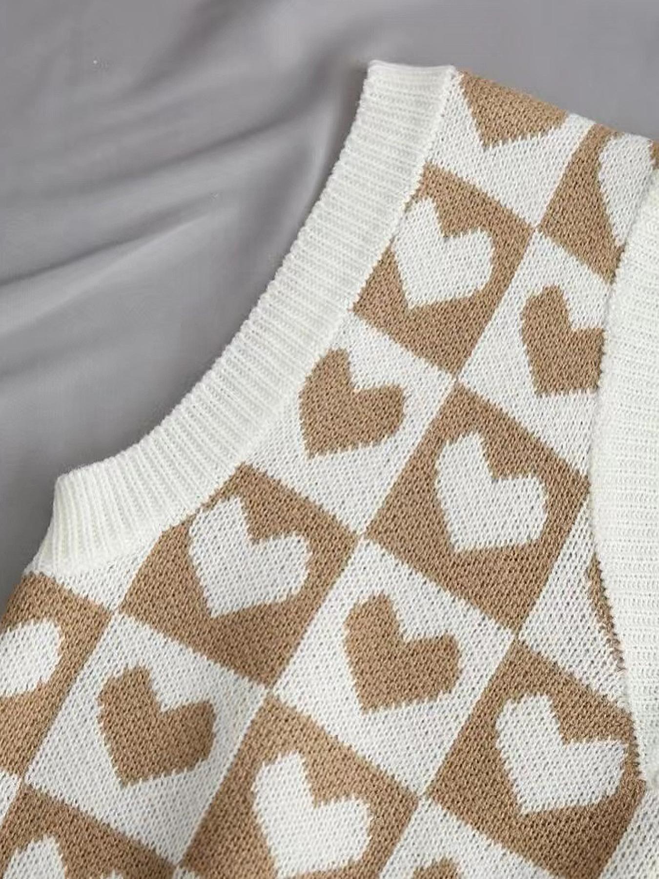 Women's Heart Print V Neck Sweater Vest, Casual Comfy Sleeveless Knit Top for Daily Outdoor Wear, Women Knitwear for Spring & Fall