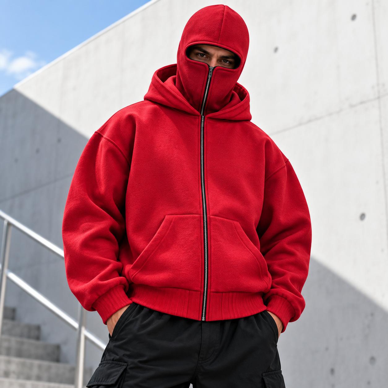 Black Full Zip Balaclava Hoodie for Men & Women, Oversized Streetwear Hooded Jacket with Face Cover, Warm Long Sleeve Sweatshirt, Kangaroo Pockets, Casual Winter Outdoor Travel Motorcycle Cycling Hip Hop Y2K Daily Wear, Unisex Urban Fashion Outerwear Coat