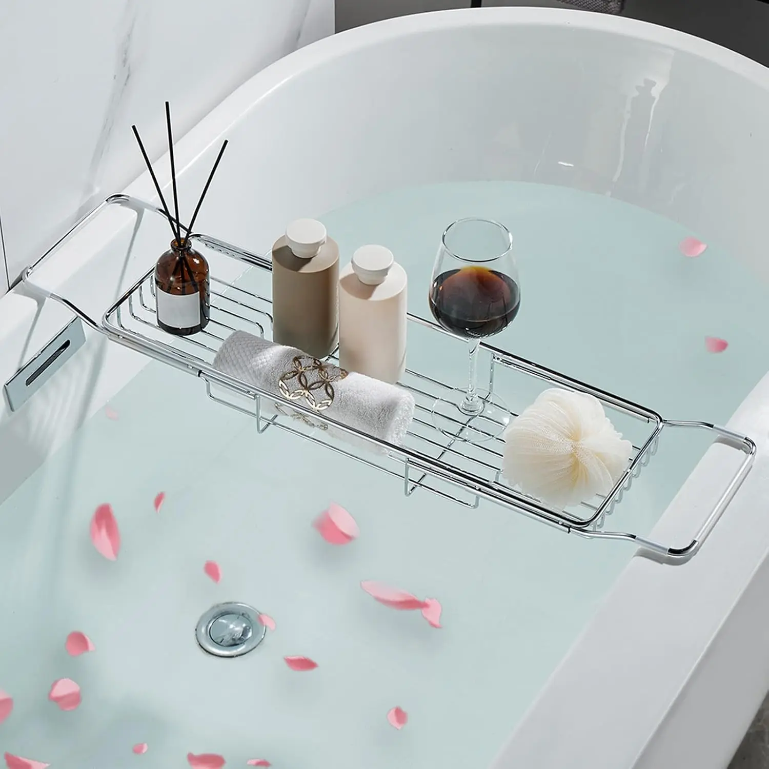 Stainless Steel Bathtub Caddy Tray - Retractable Bath Accessory, Minimalist Expandable Shower Organizer Shelf, Adjustable Indoor Furniture Table, Silver, 26.8-35.4in, Ideal Gift