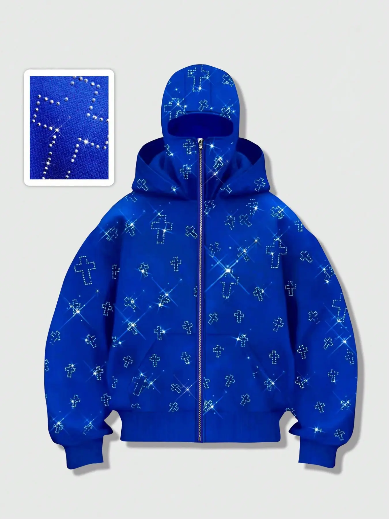 Men's zip-up hoodie with full-body hot-fix rhinestone cross pattern, balaclava fleece sweatshirt. Unisex Casual hooded zip jacket, Y2K dark-style double headgear streetwear brand warm coat