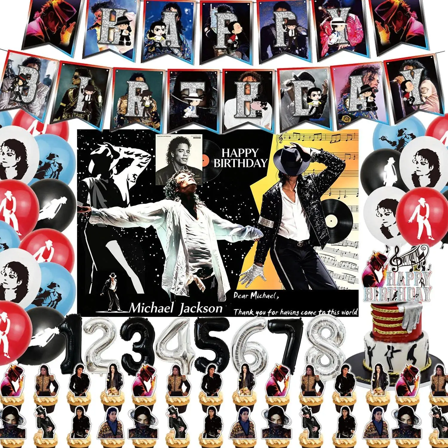 Michael Jacksons Birthday Party Decorations Fans Party Supplies Cake Topper Balloons Background Photo Studio Photography Props