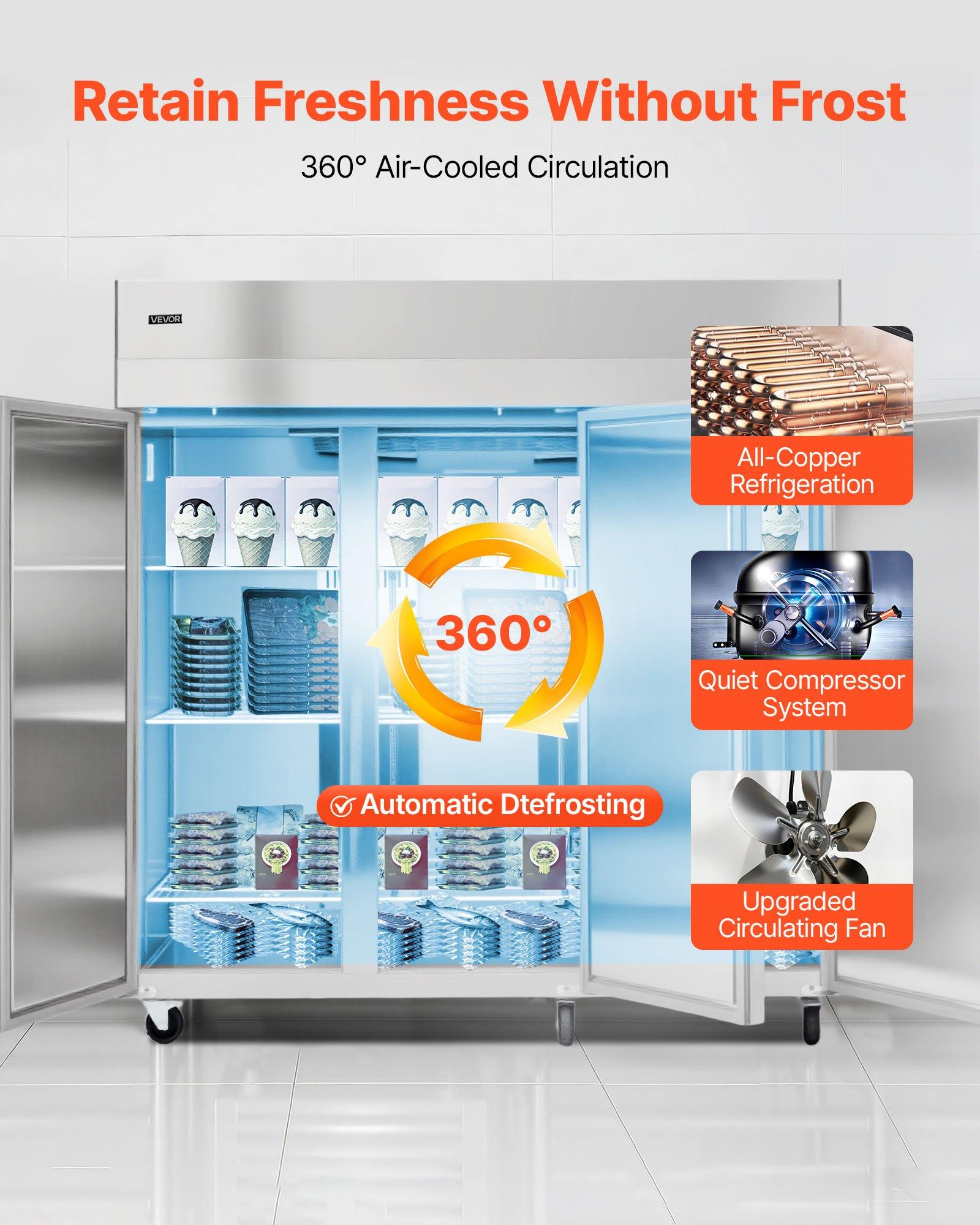 VEVOR Commercial Freezer, 71.65 in Width Reach In Upright-Freezer Three Door, 50.2 Cu. ft Auto-Defrost Stainless Steel Freezer with 12 Adjustable Shelves, -11 to 14 Temp Control, LED Light, 4 Wheels