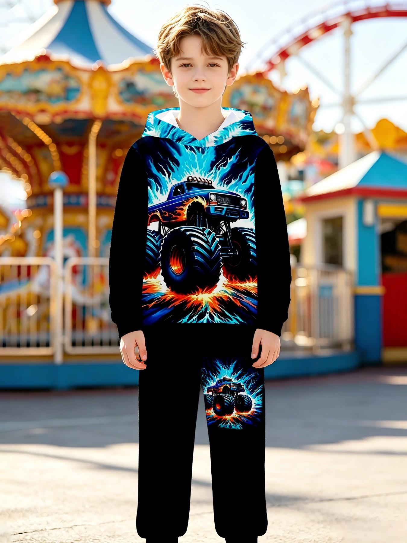 Blue Lightning Monster Truck Print Boys' Hooded Set, Casual Long Sleeve Sweapants, Loose-Fitting Natural Waist, Fall & Winter Clothing