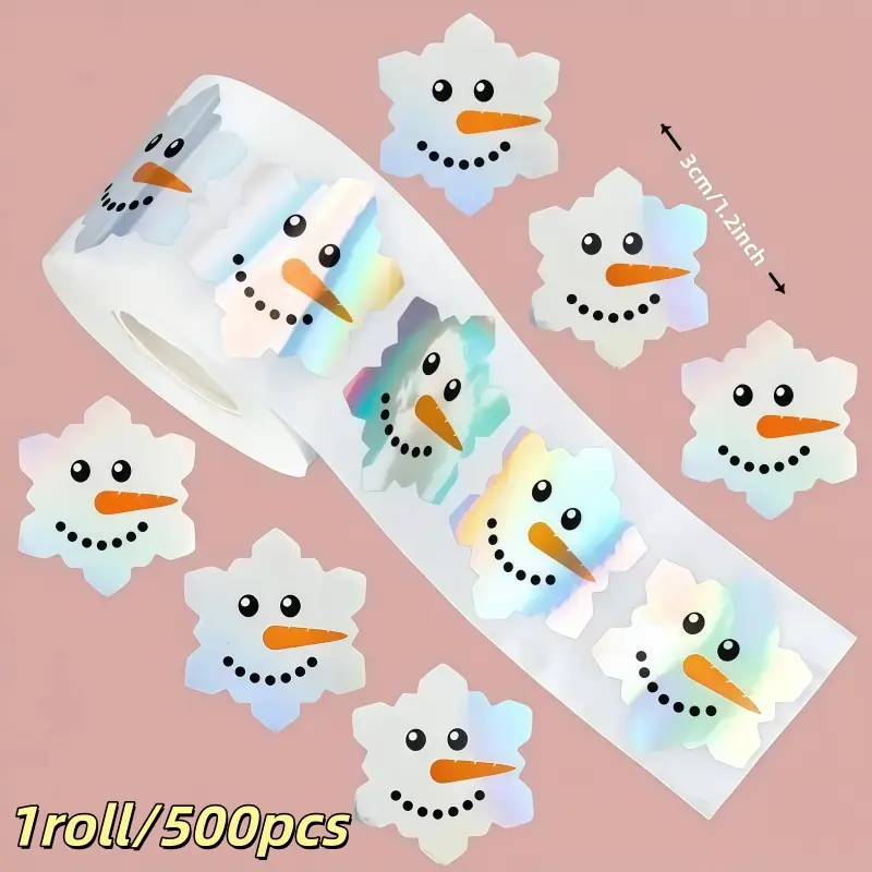 1 Roll/500pcs Rainbow Snowflake Stickers, Holographic Christmas Winter Decor, Snowman Tree Clouds, Party Card Making Material