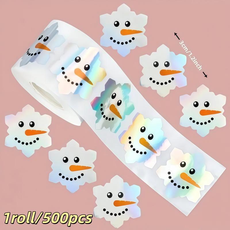 1 Roll/500pcs Rainbow Snowflake Stickers, Holographic Christmas Winter Decor, Snowman Tree Clouds, Party Card Making Material