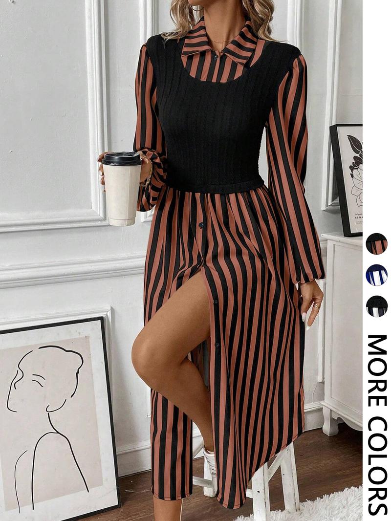 Women's Long Sleeve Striped Button Front Shirt Dress with Layered Design, Casual Spring & Fall Fashion, Elegant Chic Outfit