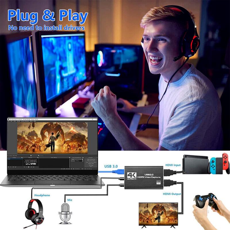 Capture Card, Audio Video Capture Card with Microphone 4K HDMI Loop-Out, 1080p 60fps Video Recorder for Gaming/Live Streaming/Video Conference, Works for Nintendo Switch/PS4/OBS/Camera/PC Accessories