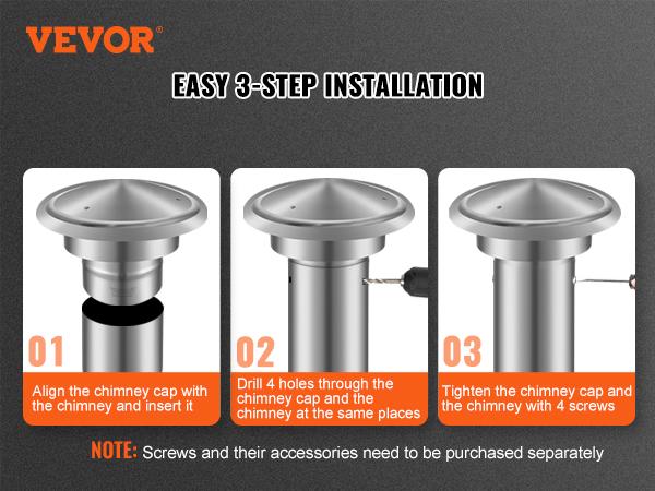 VEVOR Chimney Cap, 6 inch, 304 Stainless Steel Round Roof Rain Cap, 11.81-inch Increased Caps, All Weather Reinforced Screws Easy Installation, for Perfect Insulation Vent Cover Outside, Silver