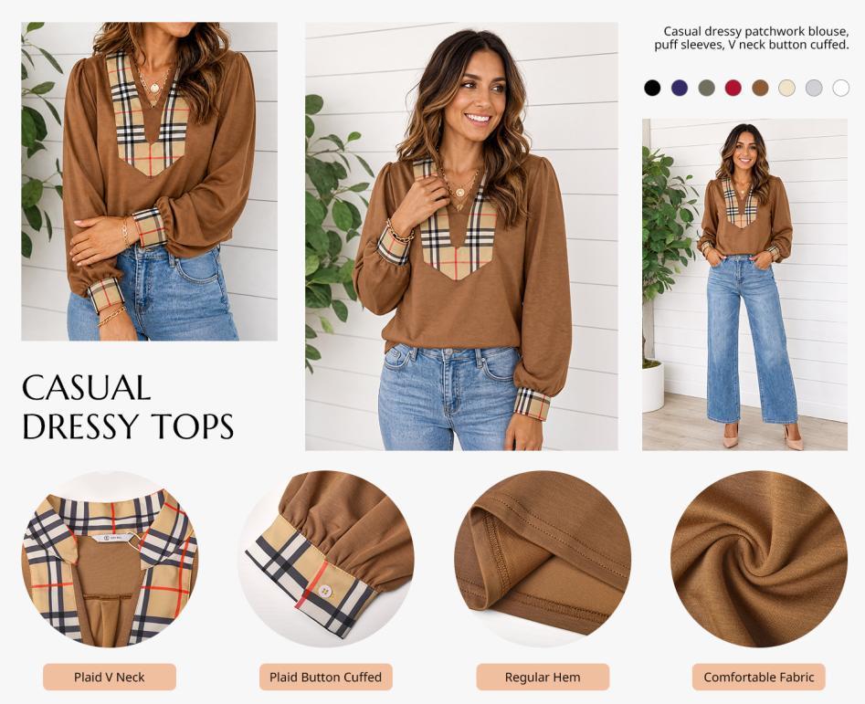 Cicy Bell Womens Puff Long Sleeve Blouse Casual Dressy Color Block V Neck Plaid Tops Loose Fit Shirts