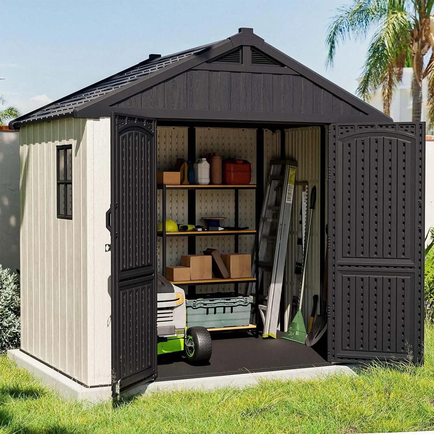 8 x 6 FT Plastic Outdoor Storage Shed with Floor, Resin Shed with Window and Lockable Door for Garden, Backyard, Tool Storage Use, Easy to Install in Beige (Kick-it Shed)