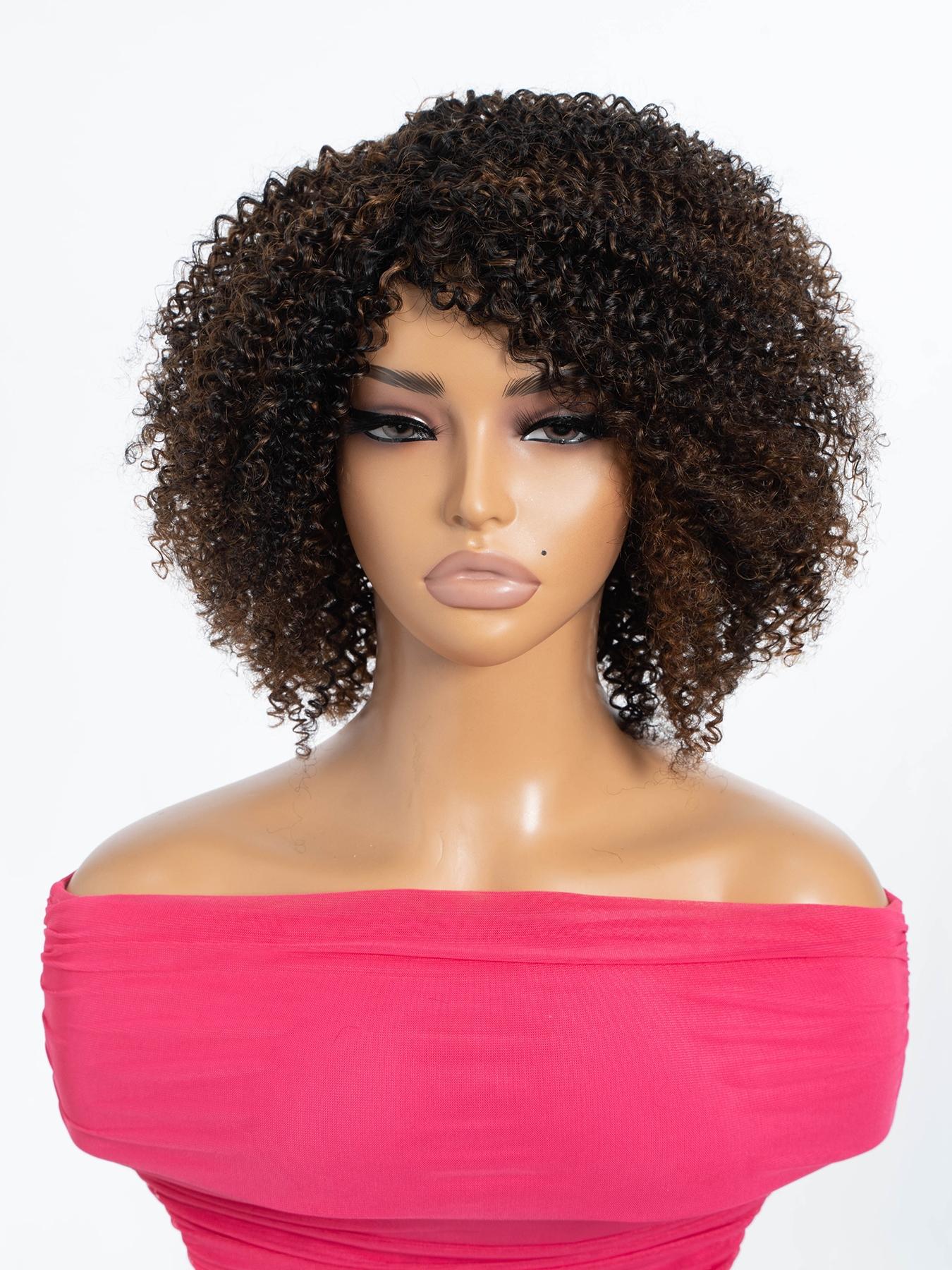 12 Inch Human Hair Wig Natural Curly Bob Soft Bouncy and Lightweight Ombre Brown with Black Roots Lace Front Wig with Pre Plucked Hairline Full Volume Daily Wear, Party, Glueless Hair Wigs, Glueless Frontal Wig