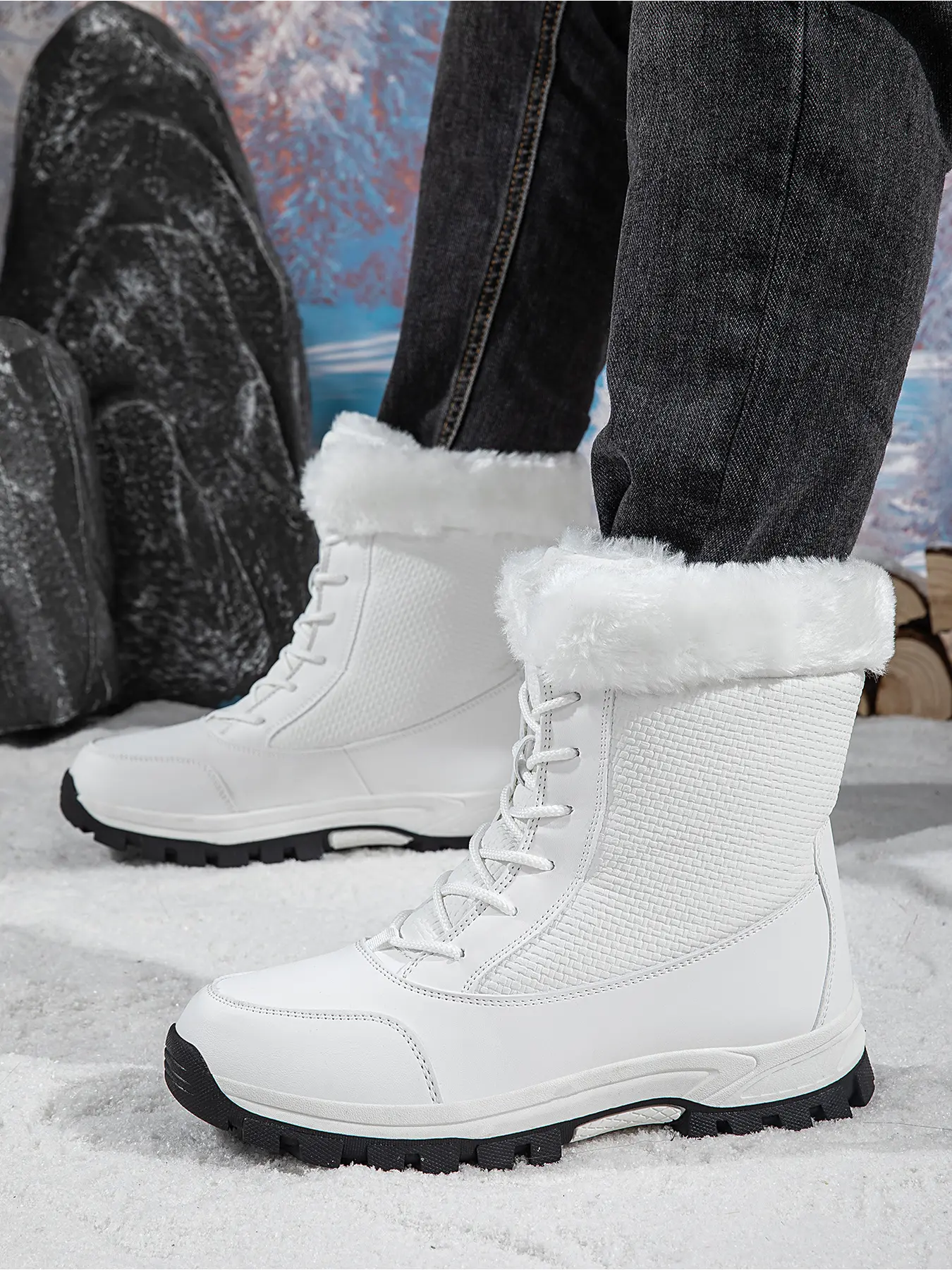 Mens Winter Snow Boots Fleece Lined High Top Non Slip Warm Outdoor Hiking Ankle Boots Footwear