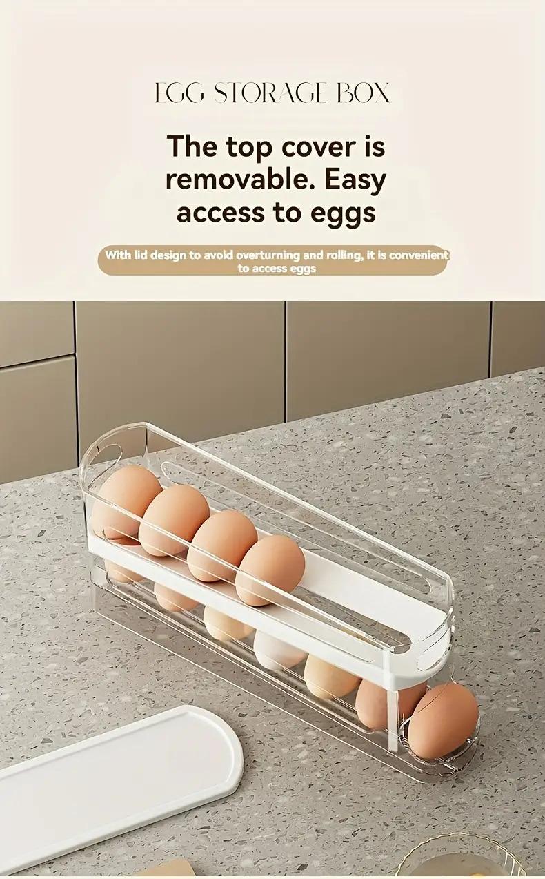 A stackable, adjustable rolling egg rack for refrigerator doors, Stackable Fridge Organizer, Refrigerator Storage, made of durable plastic, can hold 18 eggs, no battery required, suitable for kitchen organization accessories.