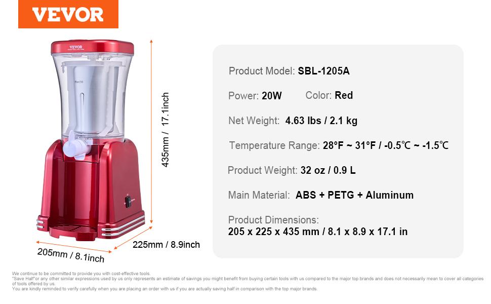 VEVOR Slushy Machine for Home, 32oz Tank Home-use Margarita Machine, Smoothie Frozen Drink Maker with Food-grade Materials, Slushie Machine for Home DIY, Kids' Parties, Red