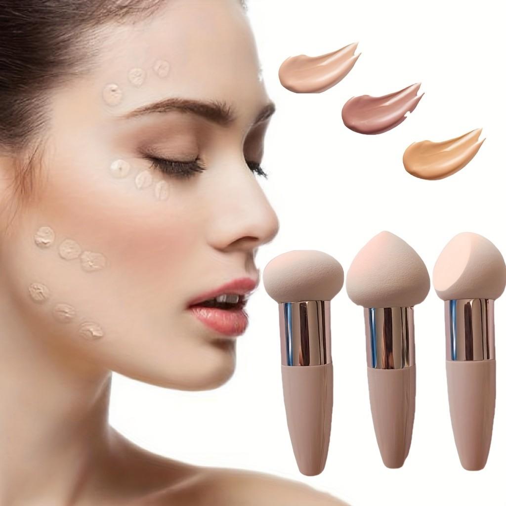 3-Pack Mushroom Head Heart-Shaped Makeup Sponges, Handle Design, Powder-Resistant, Dry & Wet Use, Beauty Tools for Foundation Application