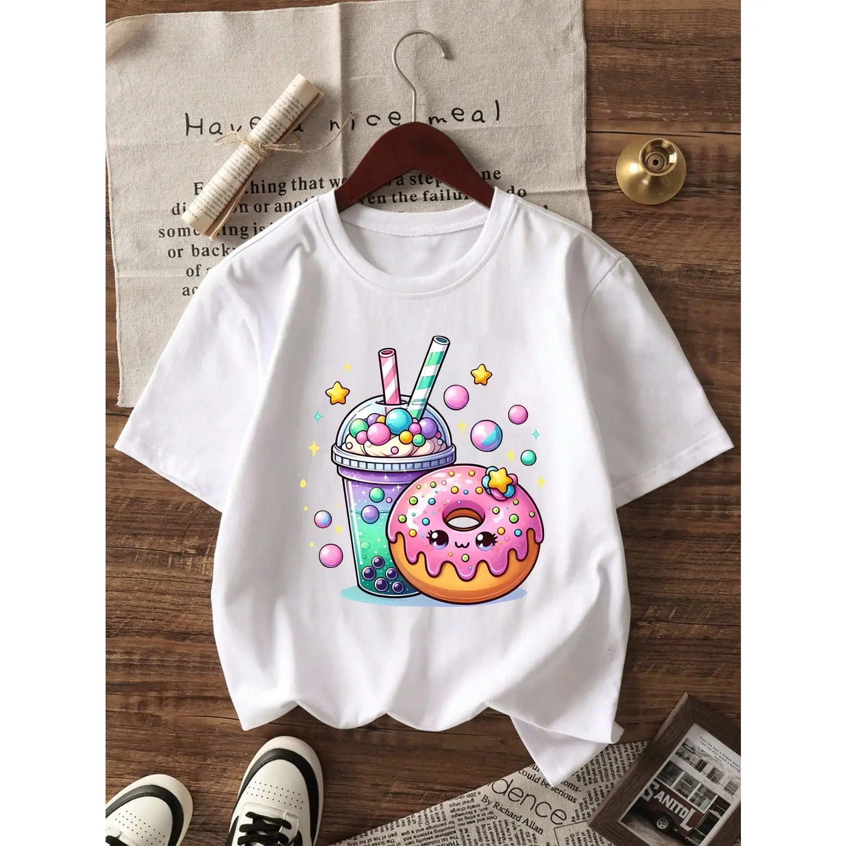 Cute Bubble Tea Donut Graphic Cotton T‑Shirt, Oversized Comfort Fashion Outfit Tee, Best Holiday Gift for Lovers Family Friends, Valentine’s Day Gift for Him Her