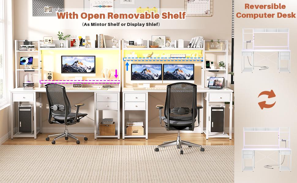 Gaming Desk with Hutch, 47.2'' and 55.2'' Computer Desk with Drawers, Reversible Office Desk with Storage Bookshelf Large Workstation Desk with Shelf