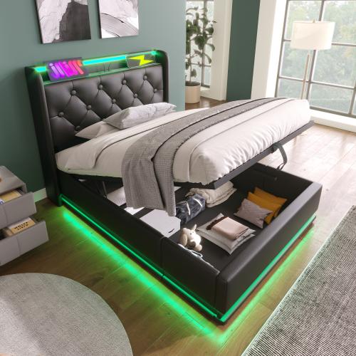 【Bellemave】Twin / Full /Queen/King size Upholstered bed, 360 surround LED function, Buttons/Apps/Remote Control, hydraulic storage bed with USB Type-C charging, Black, PU