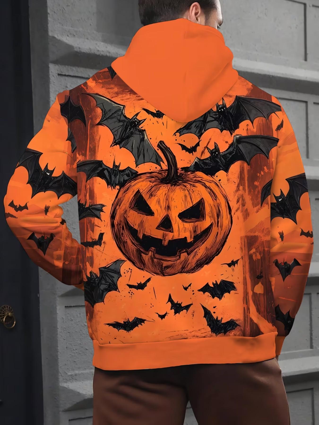 Men's Casual Oversized Graphic Print Hoodie, Halloween Theme All over Print, Long Sleeve Loose Fit, Bat Pumpkin Design, Streetwear Sweatshirt