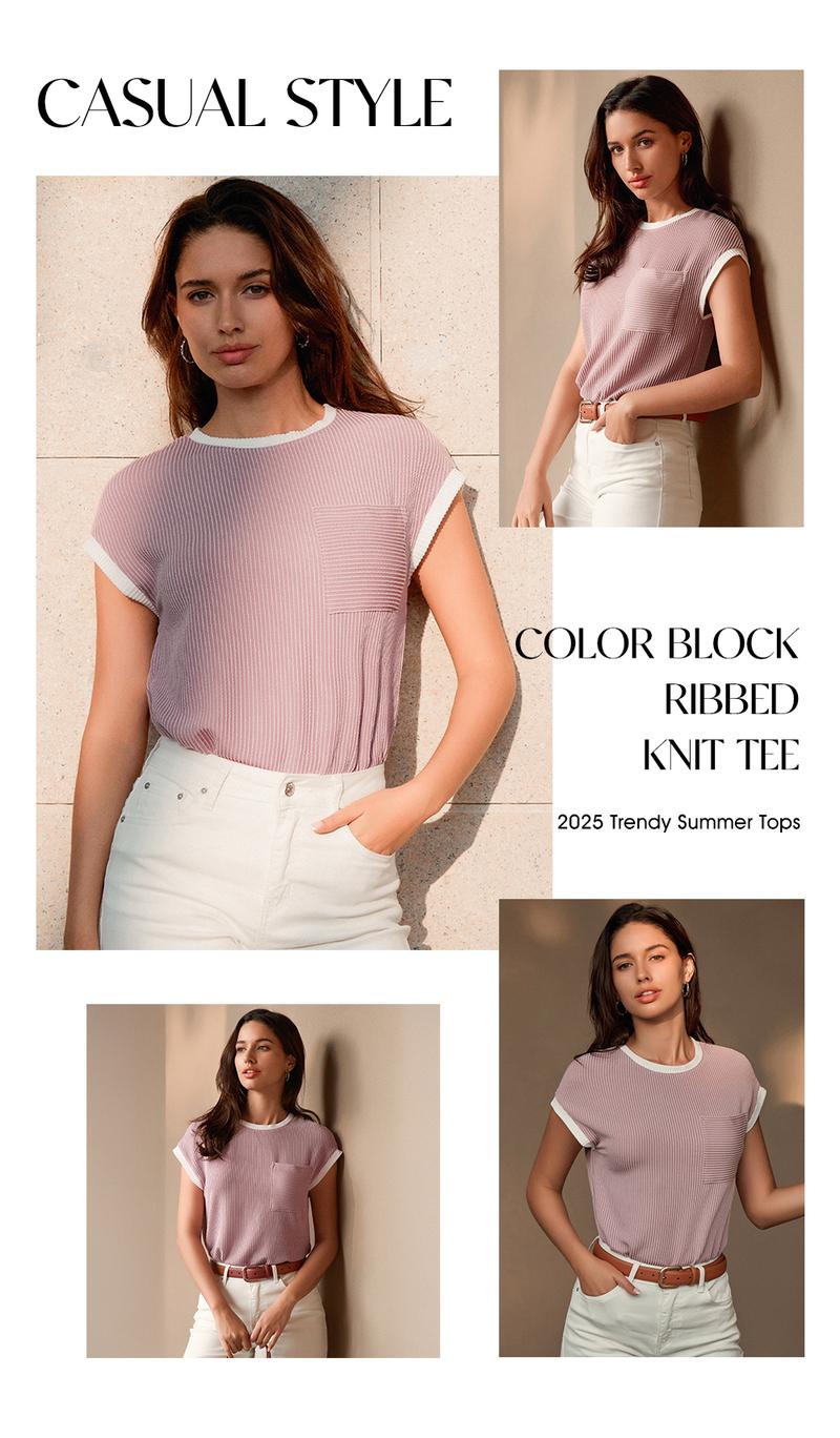 EVALESS Women's Casual T Shirts Crewneck Short Sleeve Color Block Ribbed Knitwear Slim Fitted Blouses Tops 2026 Trendy Minimalist Womenswear Summer Springtok Outfits