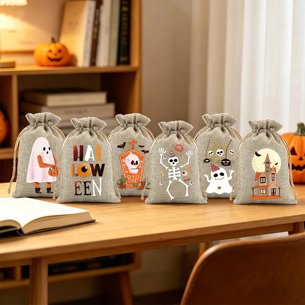 Halloween Gift Bags for All Ages, Reusable Linen Drawstring Pouches with Cute Haunted House Design, Party & Classroom Gifts, Halloween Decorations