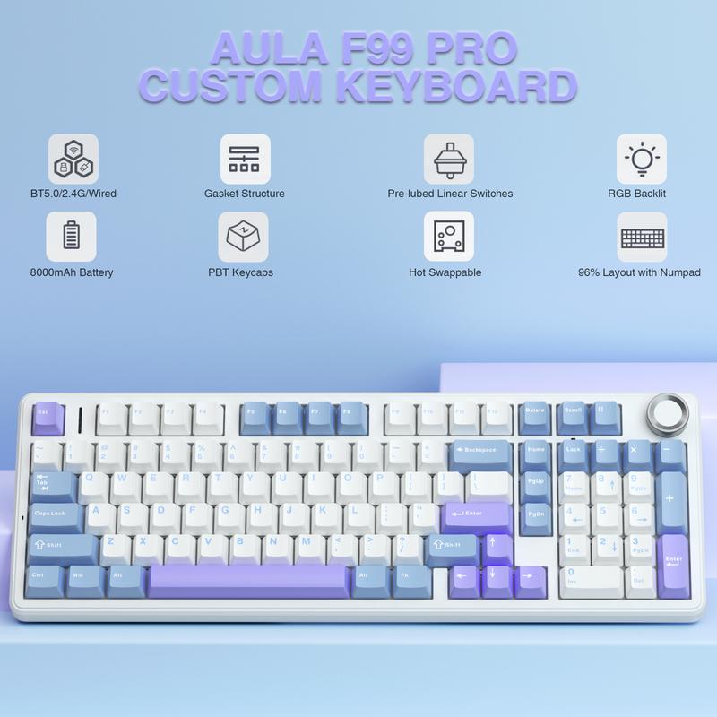 AULA F99 Pro Wireless Mechanical Keyboard with Knob,Tri-Mode BT5.0/USB-C/2.4GHz Hot Swappable Keyboard,Pre-lubed Switches,Gasket Structure,RGB Backlit Computer Gaming Keyboard (White&Blue&Purple) college school supplies TikTokShopfalldealsforyou AULA F99 Pro Wireless Mechanical Keyboard with Knob,Tri-Mode BT5.0/USB-C/2.4GHz Hot Swappable Keyboard,Pre-lubed Switches,Gasket Structure,RGB Backlit Computer Gaming Keyboard (White&Blue&Purple) college school supplies TikTokShopfalldealsforyou
