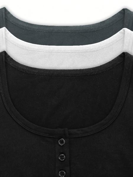 Women's Solid Button Round Neck Tee, Casual Short Sleeve T-shirt for Daily Wear, Ladies Clothes for All Seasons