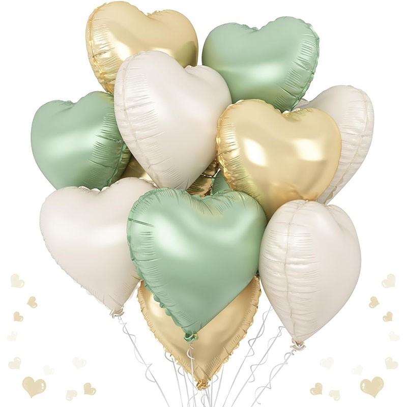 Green gold heart-shaped balloons, 12 green gold heart-shaped aluminum foil balloons with 2 accessories, 18 inch green cream white heart-shaped foil balloons, suitable for jungle, forest, birthday, wedding, baby party, party decoration