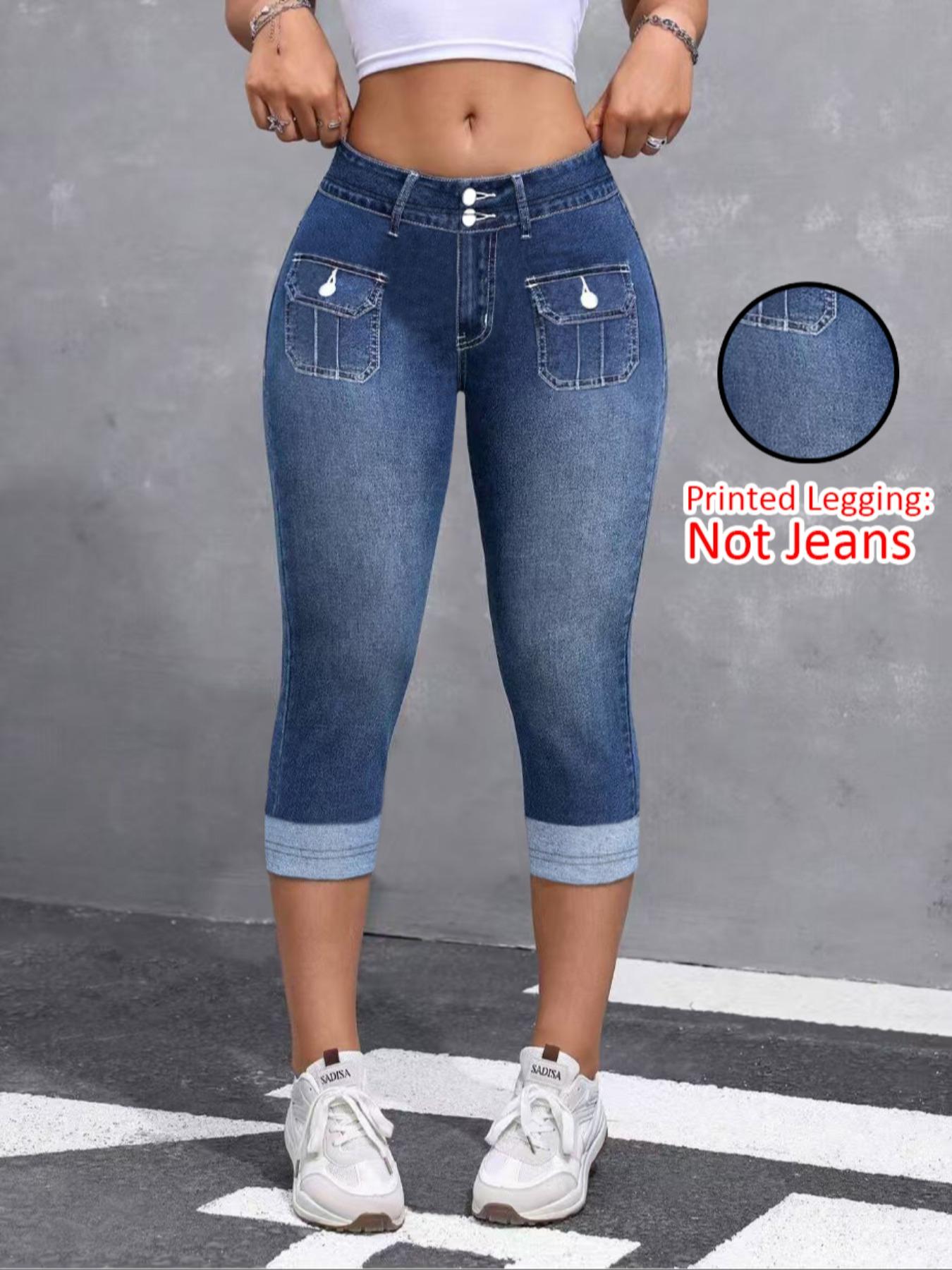 Women's Tight Fit Seven-Quarter Pants, Faux Denim Print, Slim-Fitting Casual Bottoms, All Season Wear, Comfortable and Stylish