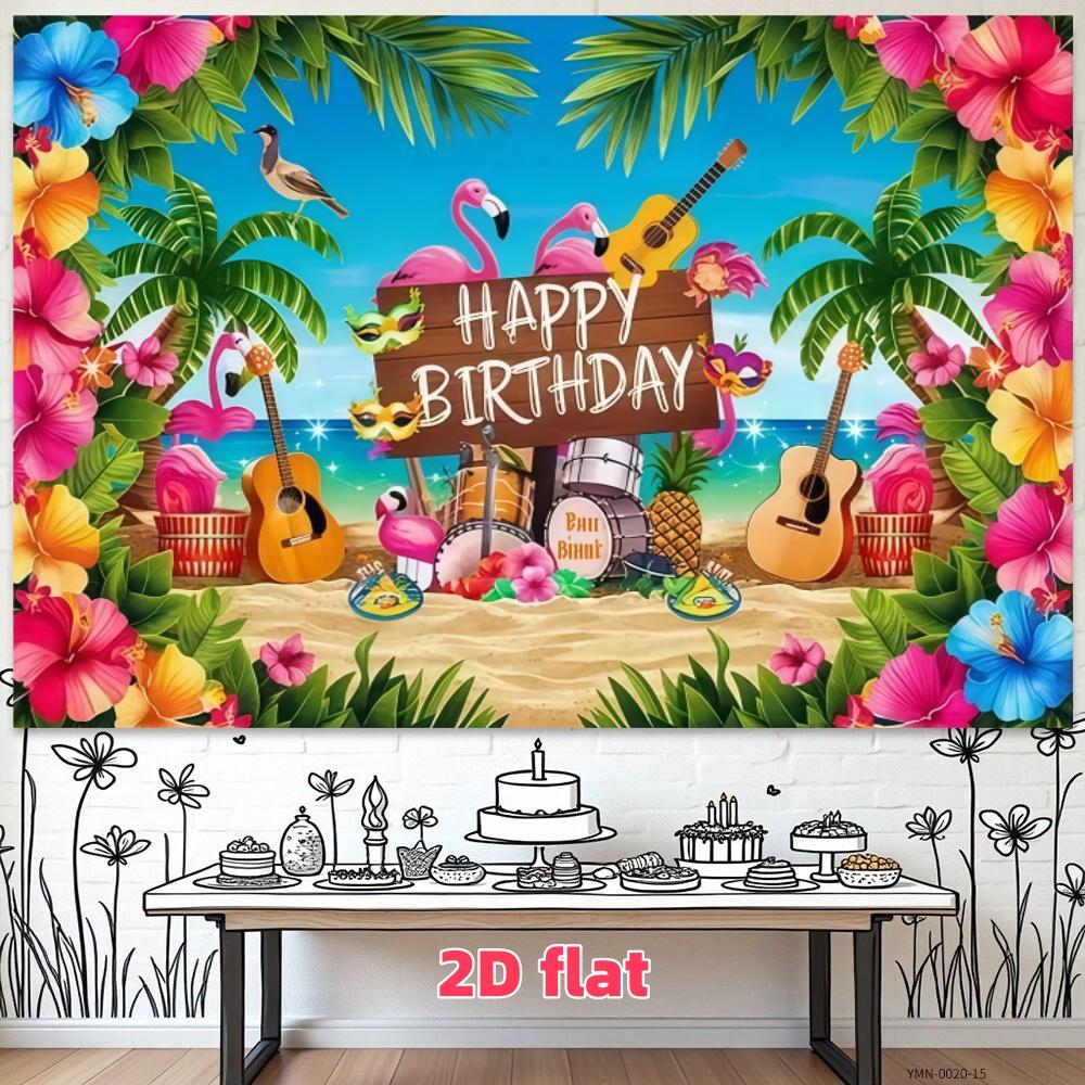 2D flat party banner, Hawaiian birthday background fabric, polyester material, tropical Hawaiian party decoration, suitable for indoor/outdoor Hawaiian parties, birthdays, weddings, summer decoration, birthday party decoration, stage and room decoration