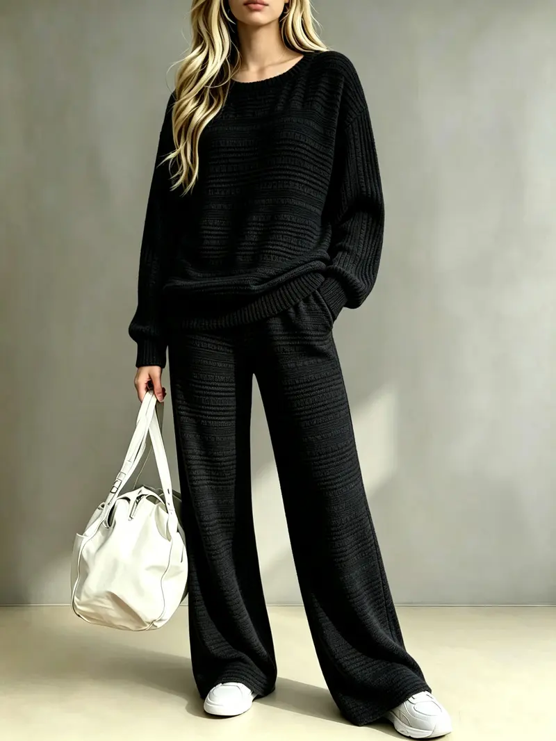Women's knit two piece set with oversized sweater top and wide leg pants – image 6