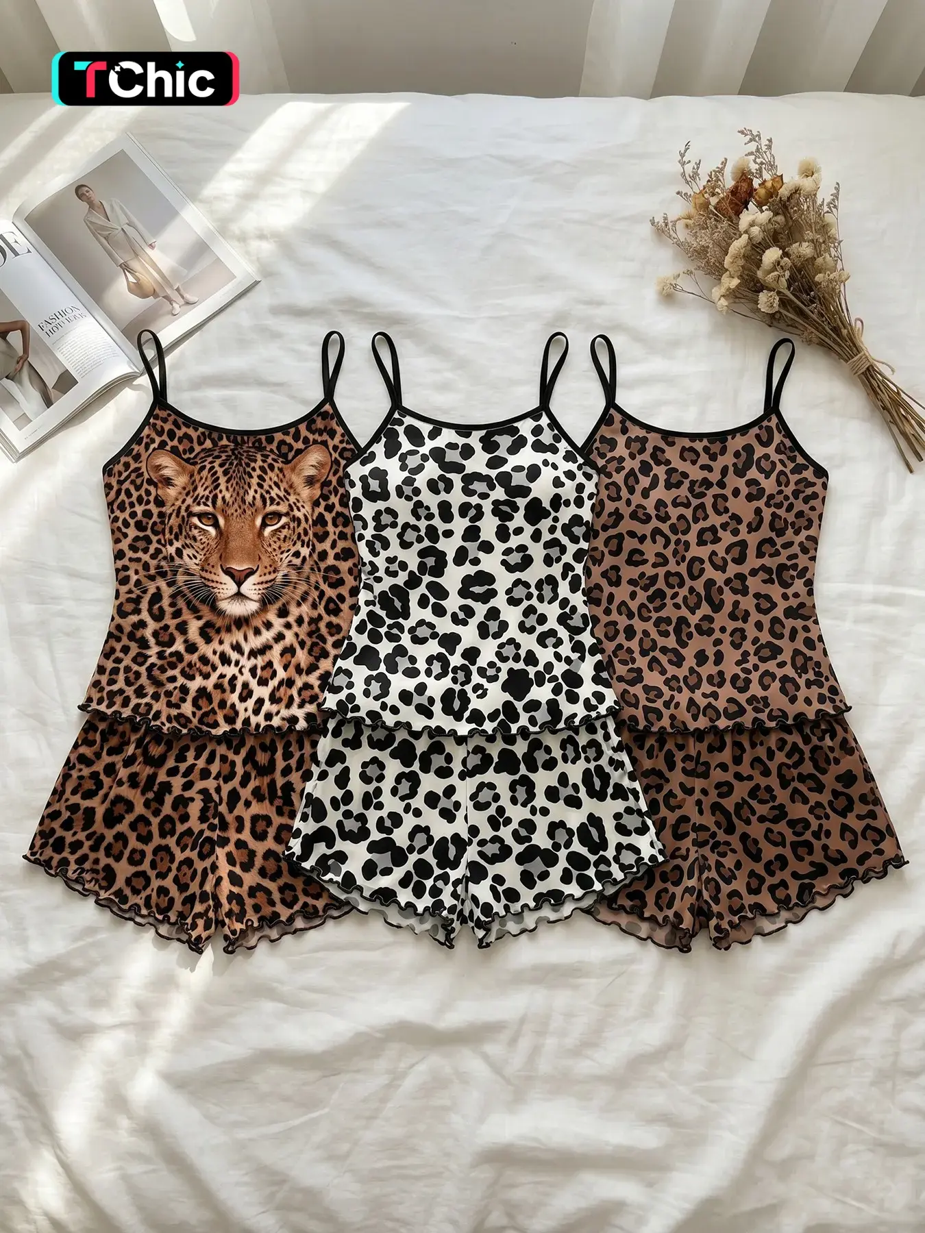 Women's 3 Piece Cami Top and Shorts Pajama Sets, All Season Wear, Leopard Cheetah Print Ruffle Hem, Animal Print Aesthetic, Loose Fit Breathable for Home & Casual Wear, Loungewear
