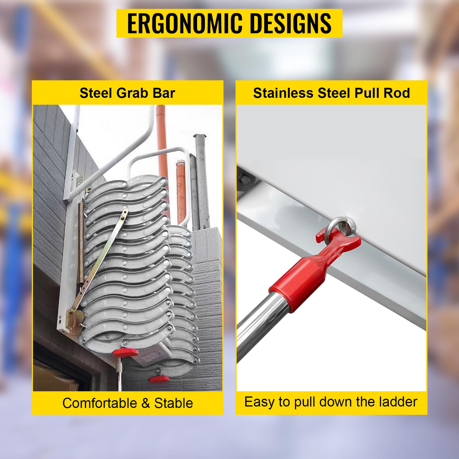 VEVOR Attic Steps Pull Down 12 Steps Attic Stairs Alloy Attic Access Ladder, White Pulldown Attic Stairs, Wall-mounted Folding Stairs for Attic, Retractable Attic Ladder with Armrests, 9.8 feet Height