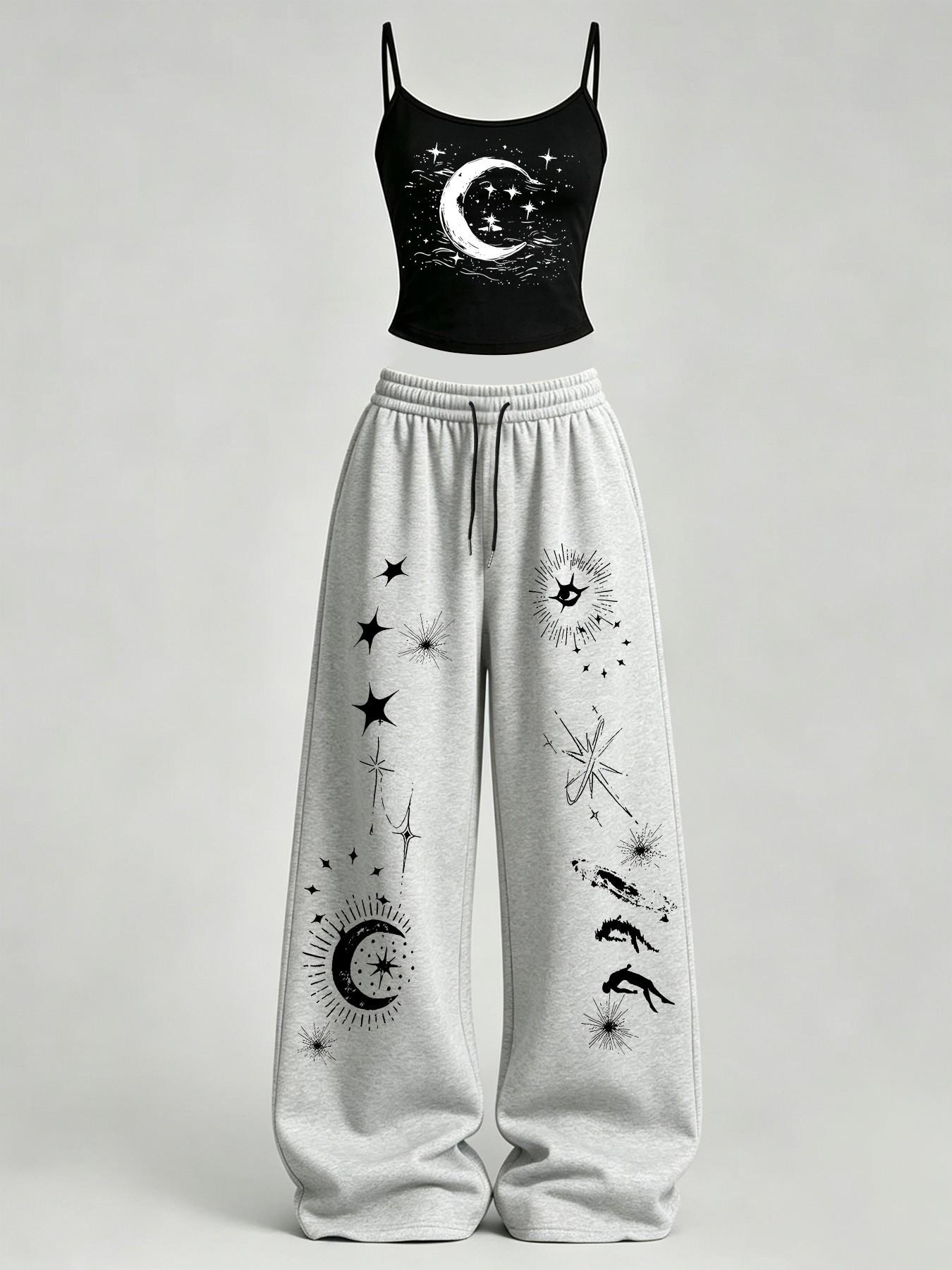 Women's Casual Home Wear Set, Star Moon Print Slim Fit Top + Loose Baggy Pants, Y2K Street Style, for Daily Commute, Campus, Home Relaxation Women's Casual Home Wear Set, Star Moon Print Slim Fit Top + Loose Baggy Pants, Y2K Street Style, for Daily Commute, Campus, Home Relaxation