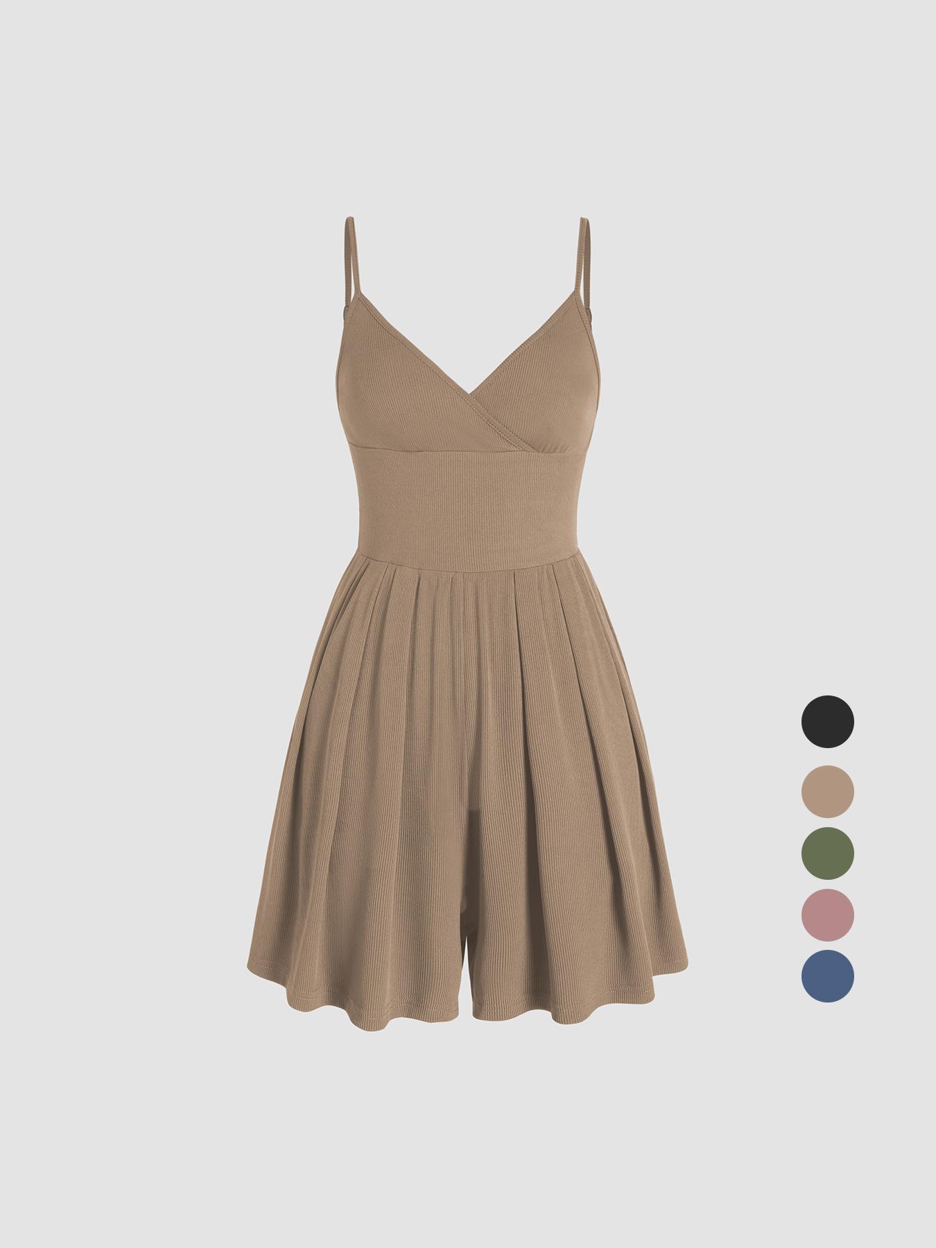 Women's Plain Backless Wrap Cami Romper, Casual Adjustable Spaghetti Strap Sleeveless Wide Leg Romper, Summer Outfits 2026, Minimalist Ladies Clothes for Daily Wear