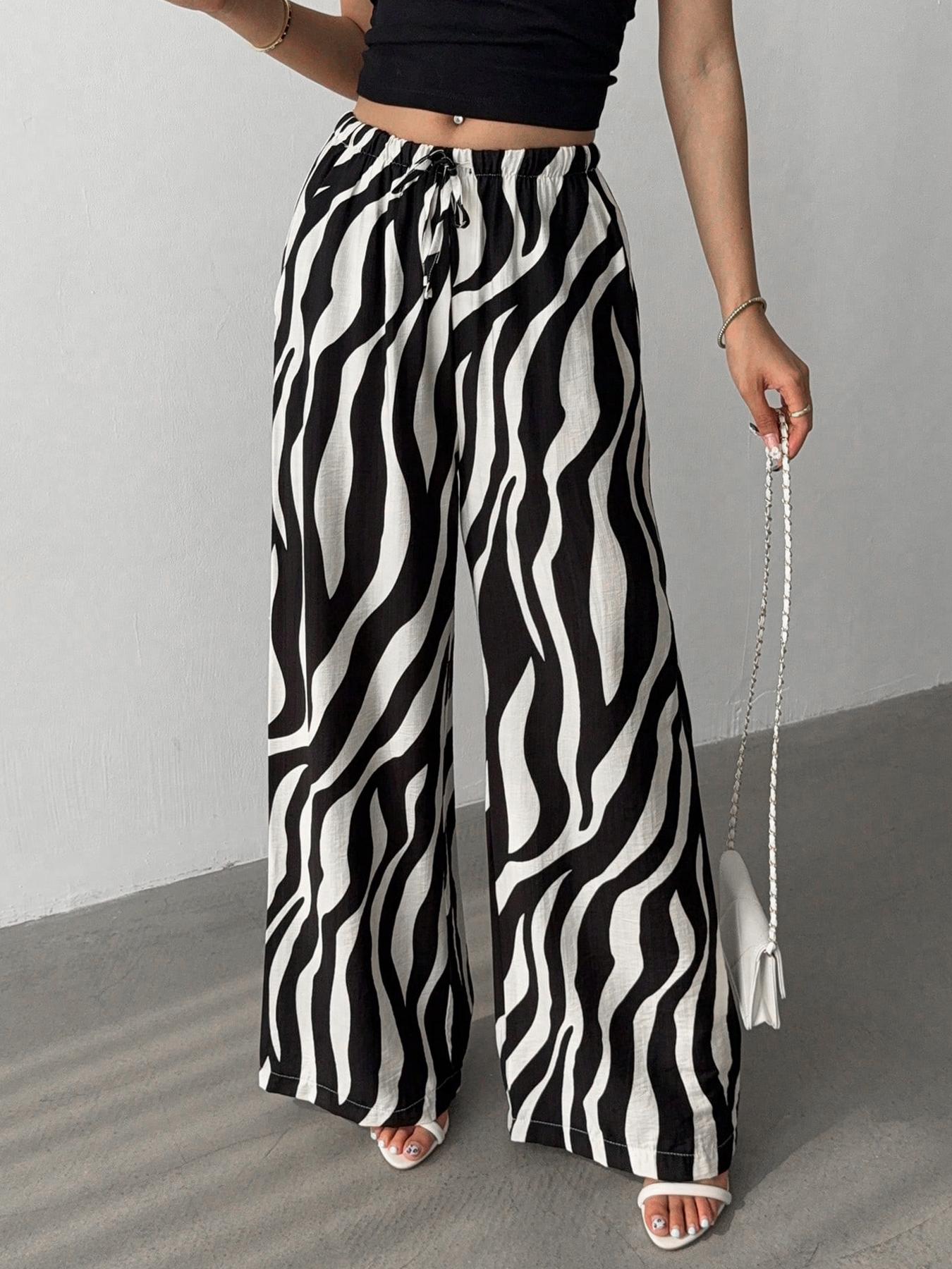 Women's Wide Leg Geometric Pants, Fashion, Drawstring Adjustable & Large Capacity Pockets, Lightweight Breathable Fabric, Casual Streetwear for All Seasons