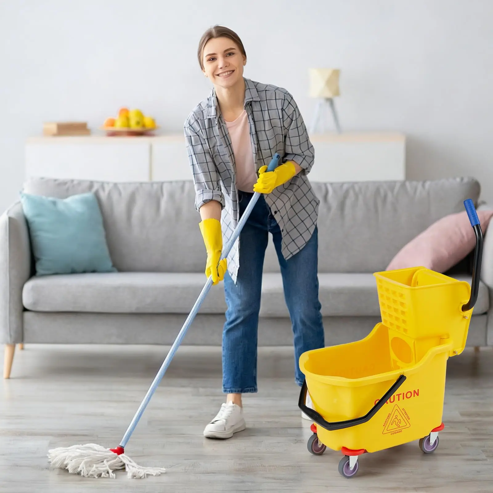 32L Thick PP Rectangular Large Size Industrial Mop and Bucket Set - Commercial Use Heavy-Duty Side-Wringer with Metal Frame Wringer, Rolling Wheels, Hands-Free Floor Mopping Janitorial Equipment for Restaurant