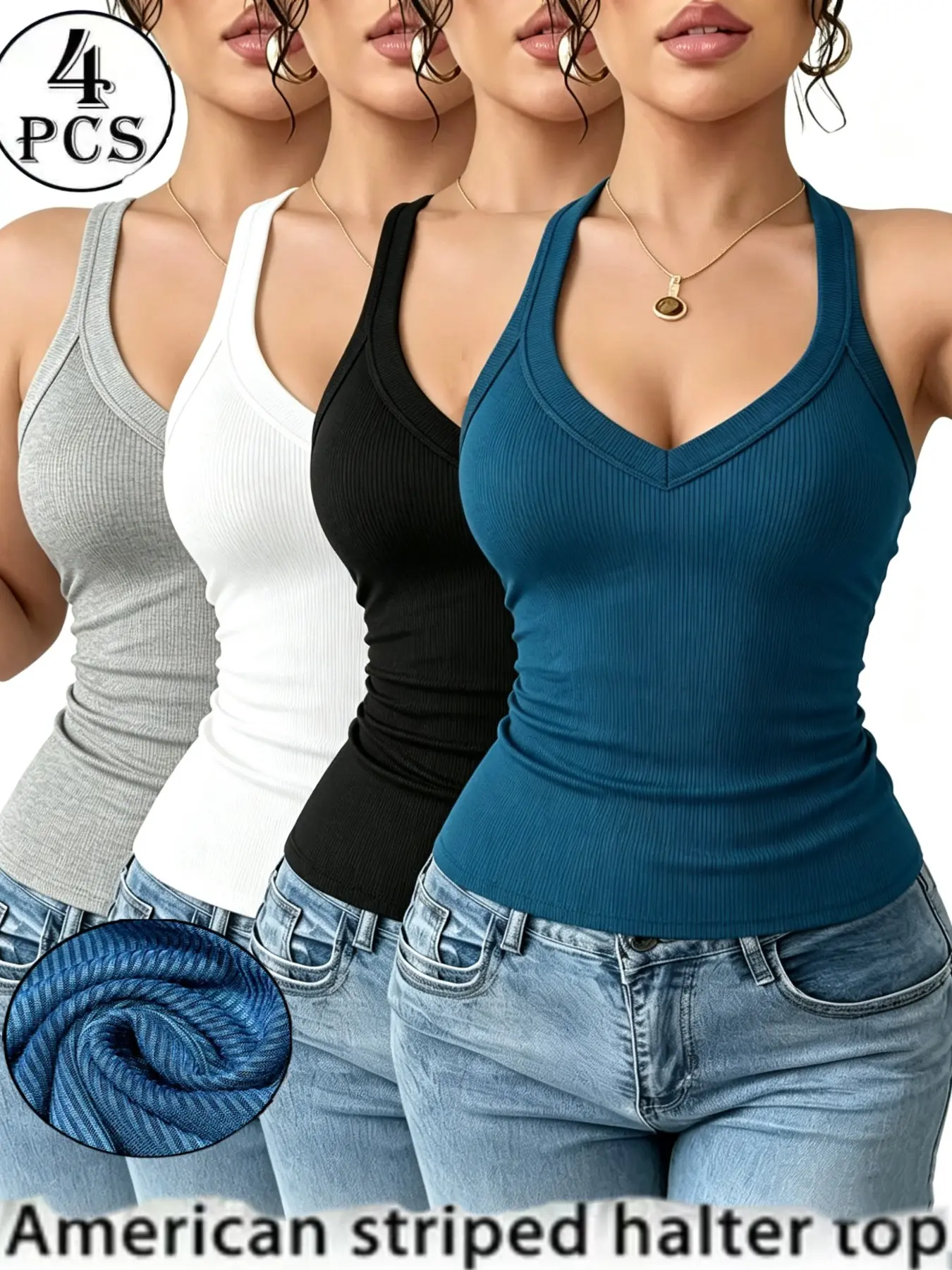 Women 4PACK Solid Ribbed Halter V‑Neck Tank Top, Sexy Racerback Sleeveless Vest, High Elastic Breathable Slim Fit Cami, Casual Chic Layering Top for Yoga Fitness Running Daily All‑Season Wear, Multi‑Color Set