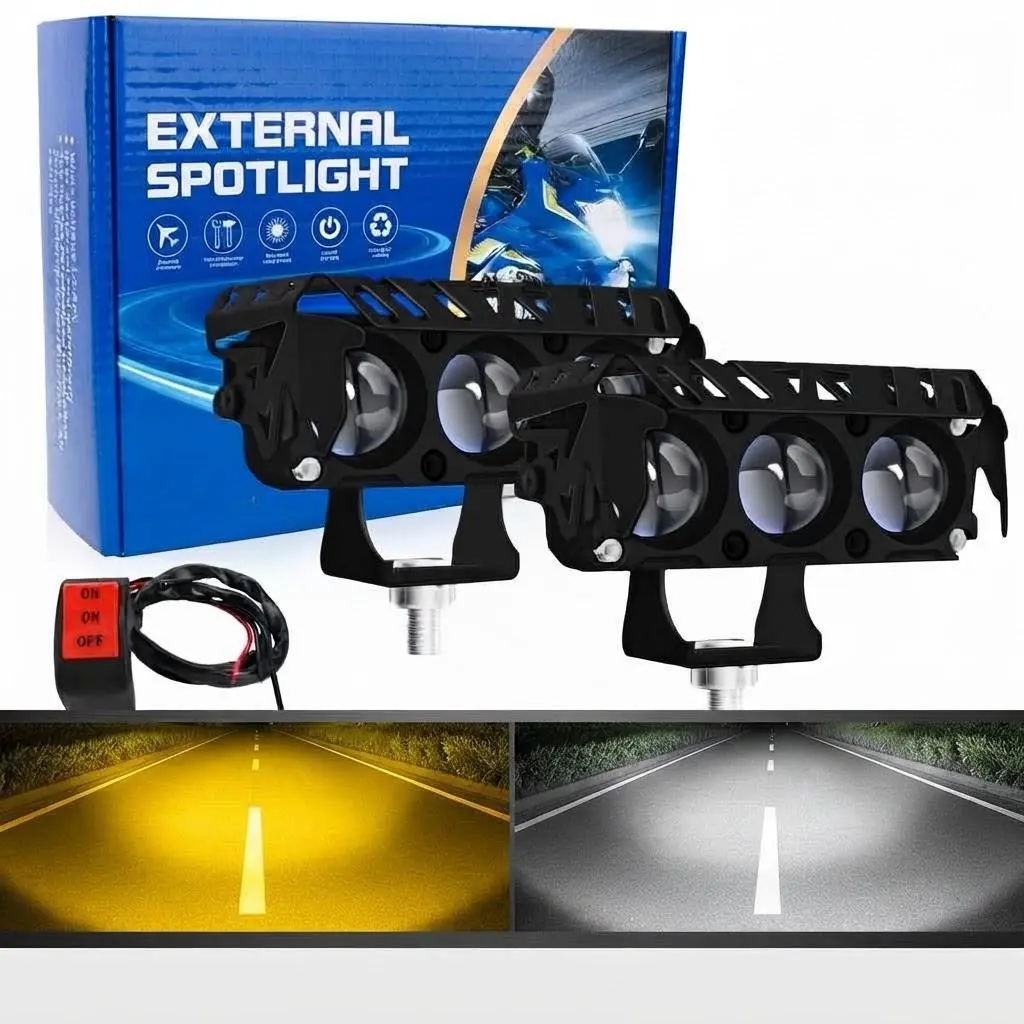 2PCS LED Spotlight Yellow & White Dual-Beam, Off-Road External Car Light – High-Brightness Fog Driving Lamp with Switch for Truck, ATV, SUV & Boat
