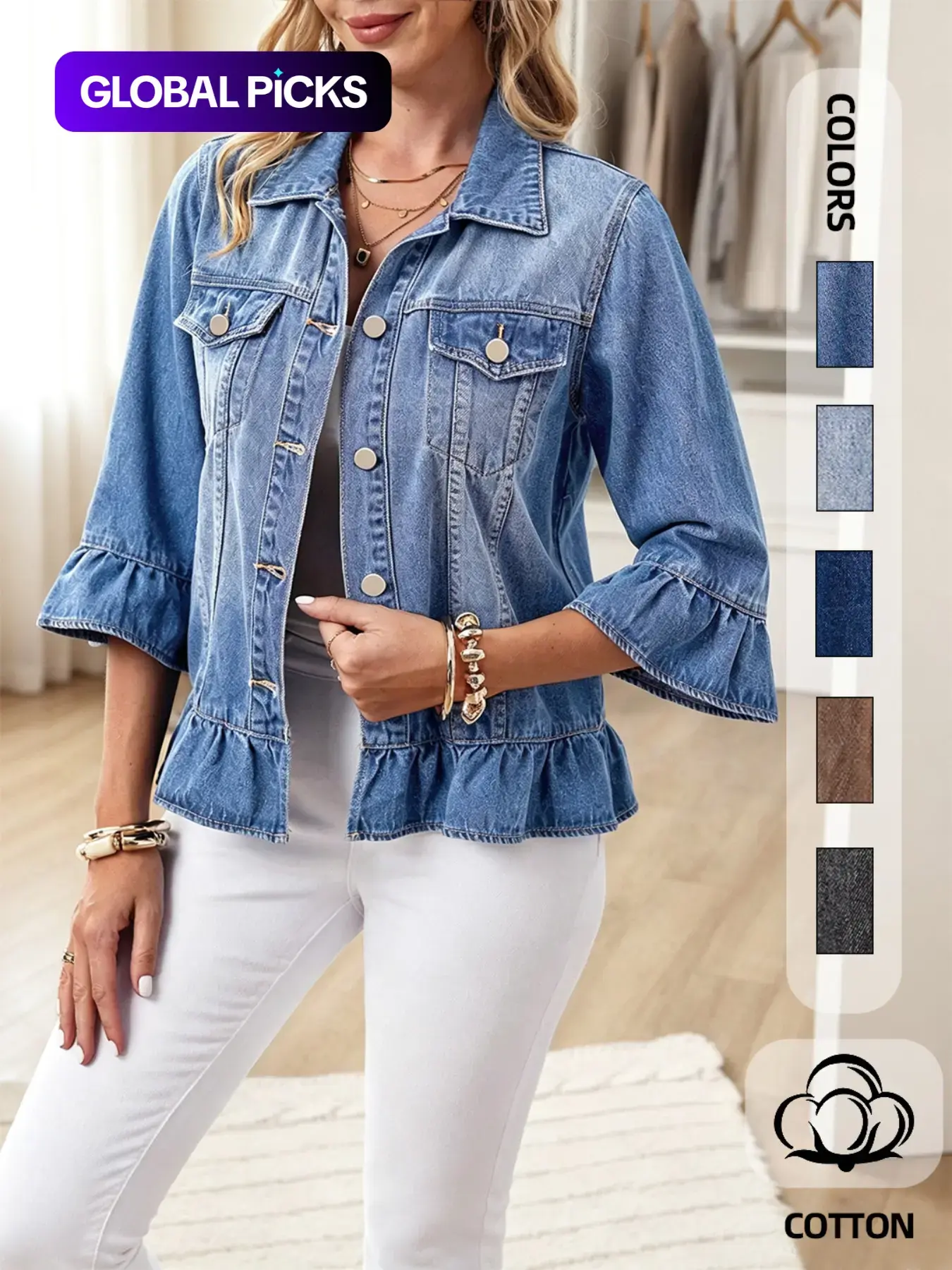 Women's Vintage Ruffle Washed Denim Jacket, Summer Lightweight Ruffled High-Waisted Short Top, Casual Chic Fashion Female Denim Coat, Denim Jacket Coats