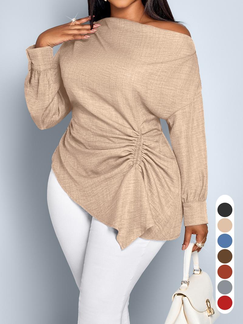 Women's Casual Fall Shirt, Plain Long Sleeve Asymmetrical Hem Top, Fitted Woven Fabric, Ideal for Daily Wear & Commuting