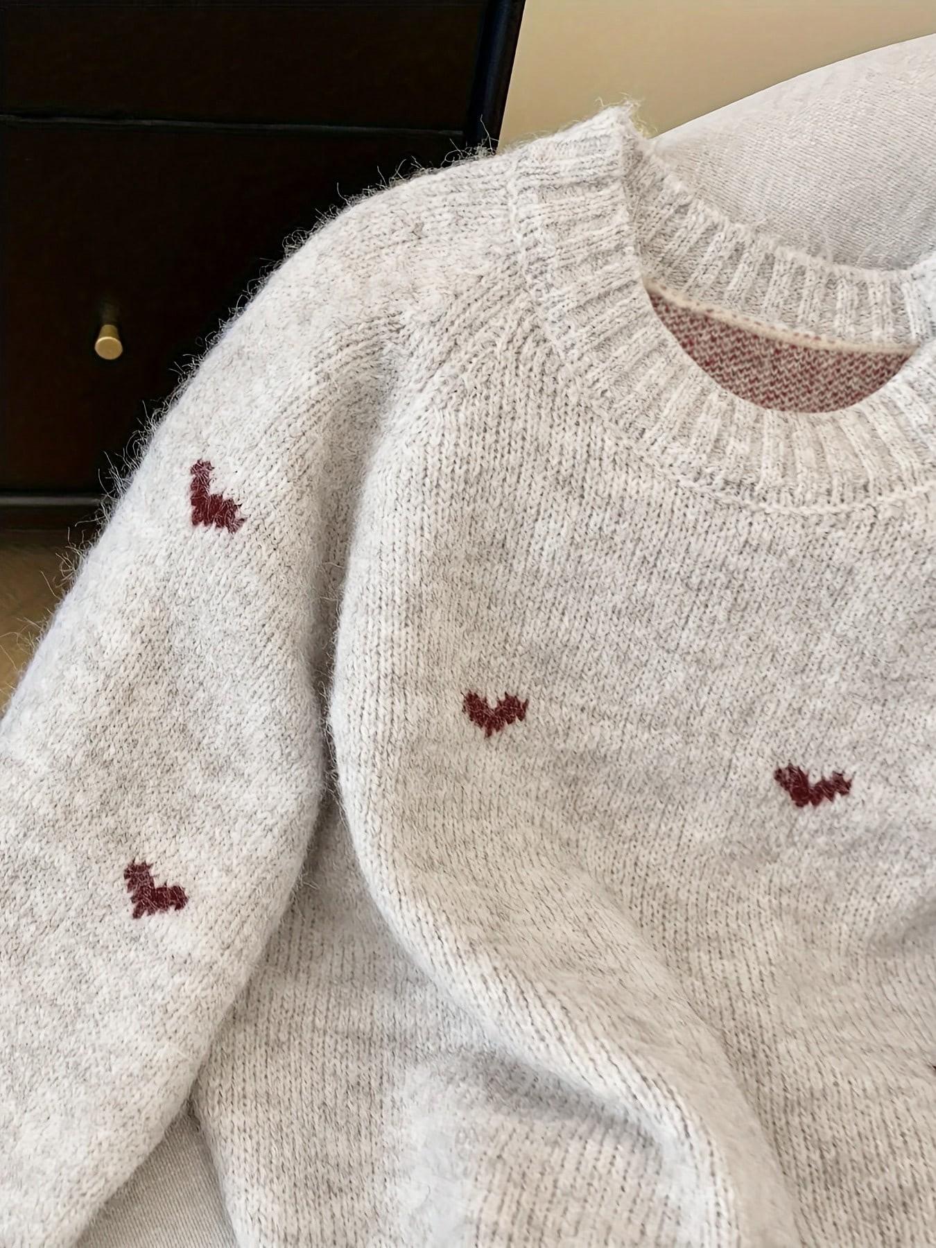 Plus Size Women's Fall Winter Heart Pullover, Chic Long Sleeve Drop Shoulder Knitwear Knitting, Cozy Crew Neck Sweater for Casual Daily Wear Tops