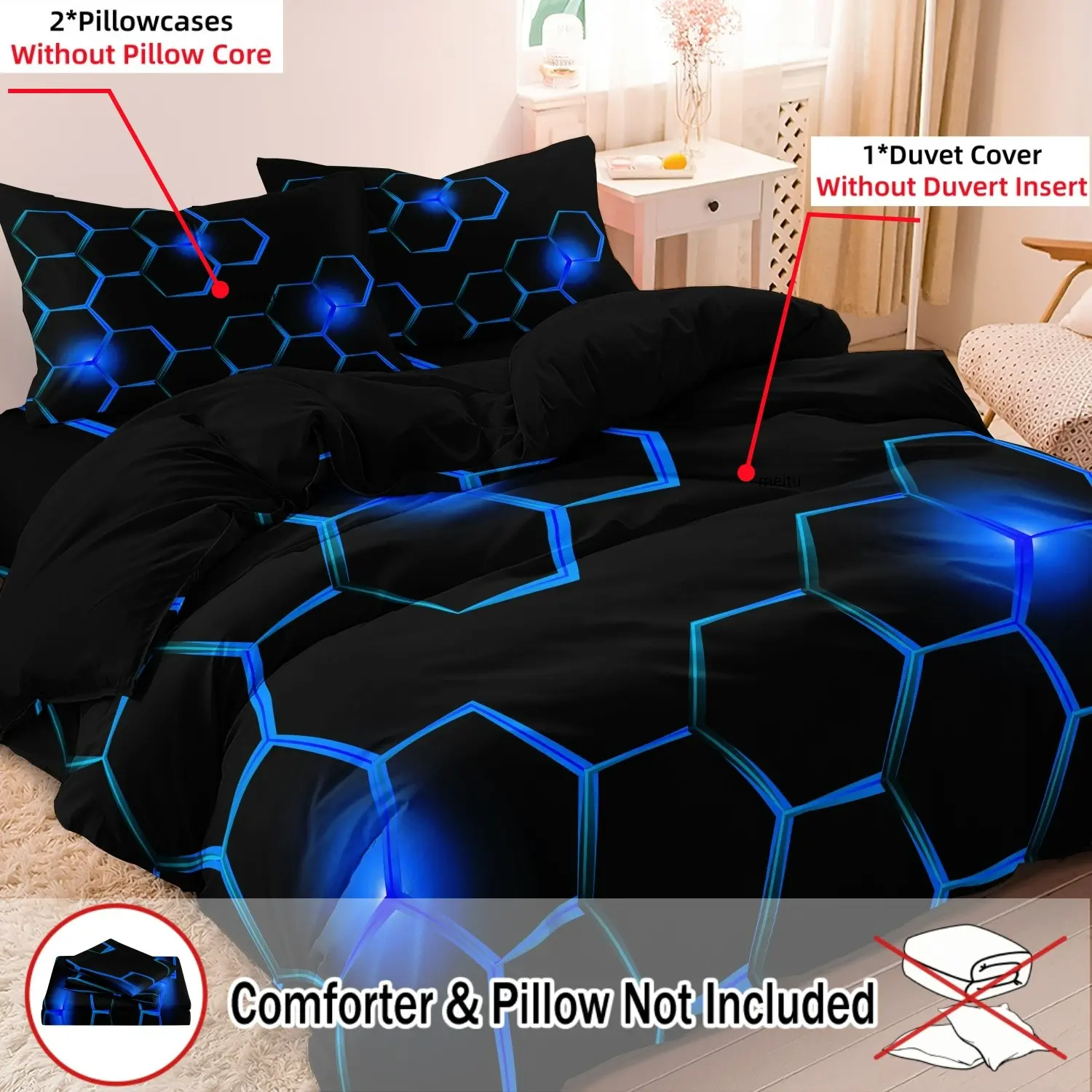 3Pcs Red and Blue Black Geometric Honeycomb Pattern 3D Printed Duvet Cover Set - Comfy Bed Sets Soft Comfortable Bedding Set For Bedroom, Guest Room - 1*Duvet Cover + 2*Pillowcases (No Comforter) Bed Sets