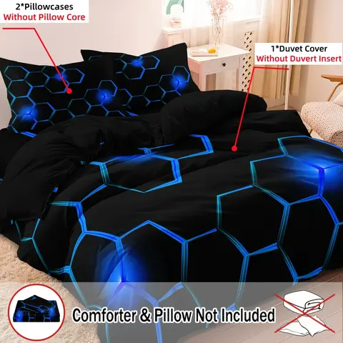 3Pcs Red and Blue Black Geometric Honeycomb Pattern 3D Printed Duvet Cover Set - Soft Comfortable Bedding Set For Bedroom, Guest Room - 1*Duvet Cover + 2*Pillowcases (No Comforter)