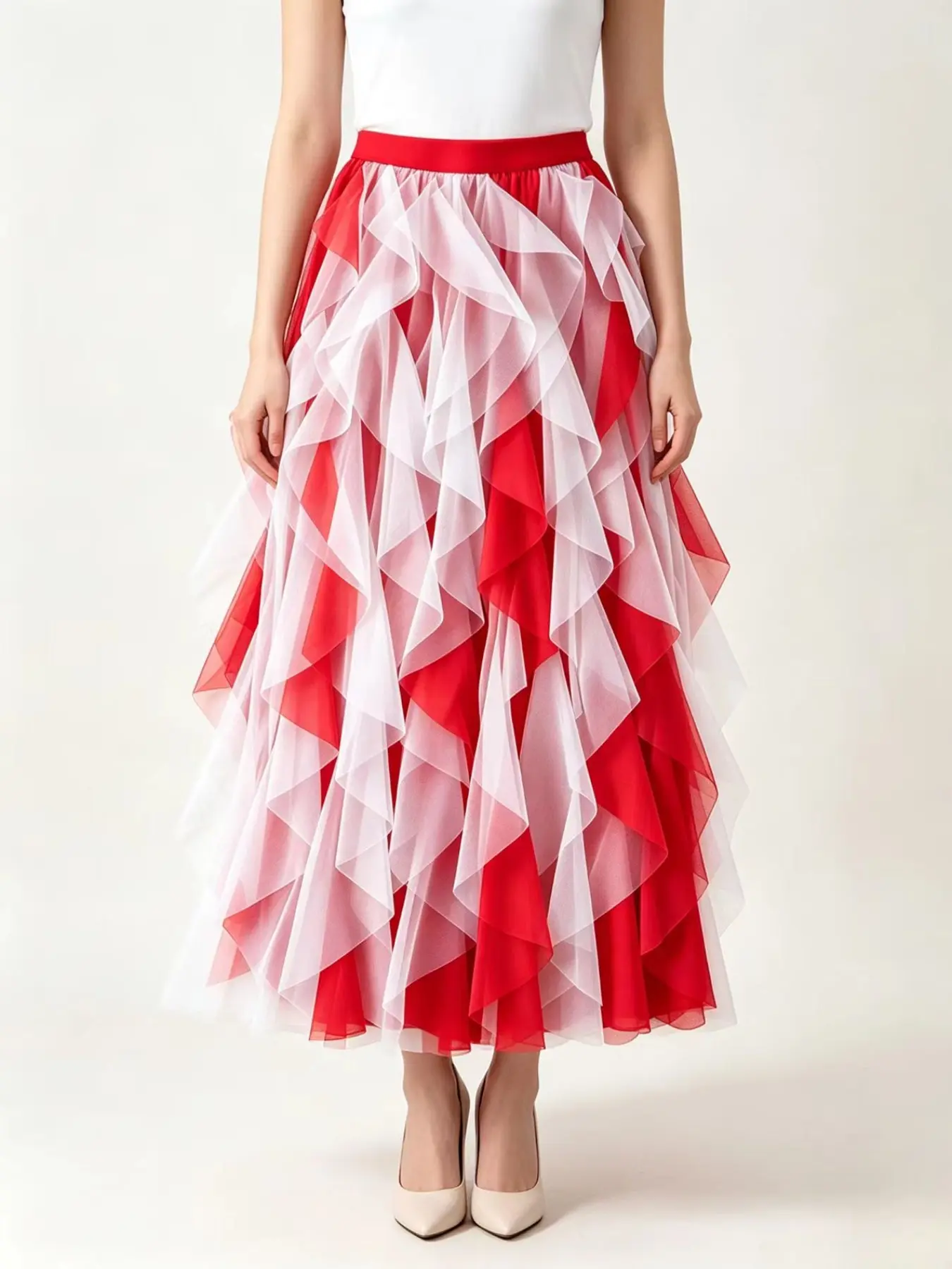 Women's Christmas Patchwork Flounce Skirt, Layered Irregular Ruffle Mesh maxi skirt, Elastic Waist, Perfect for Holiday Parties