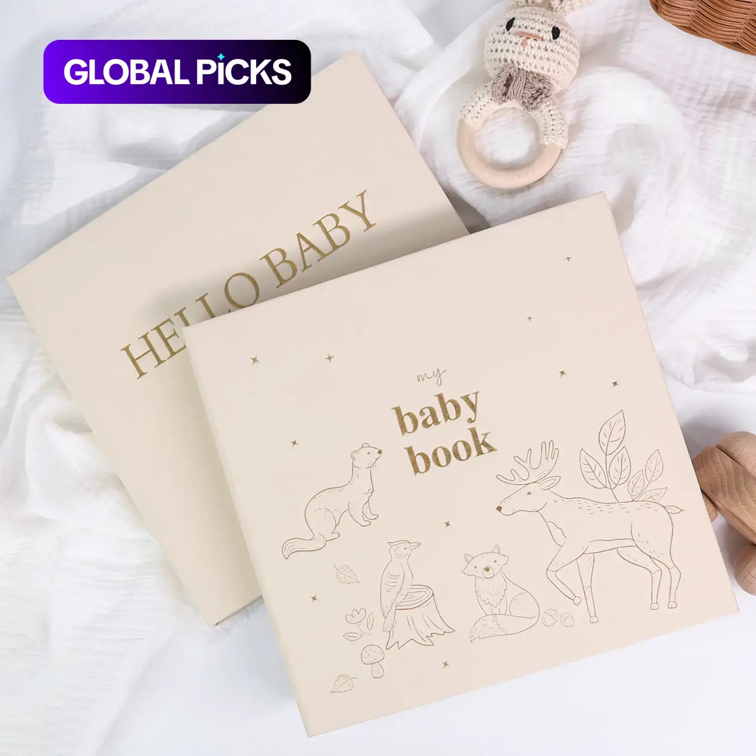 Baby Memory Book Hello Baby Spiral-Bound Linen Cover Animal Pattern Growth Keepsake Book with 4 and 12 Monthly Milestone Stickers Spiral Binding #GLOBAL PICKS
