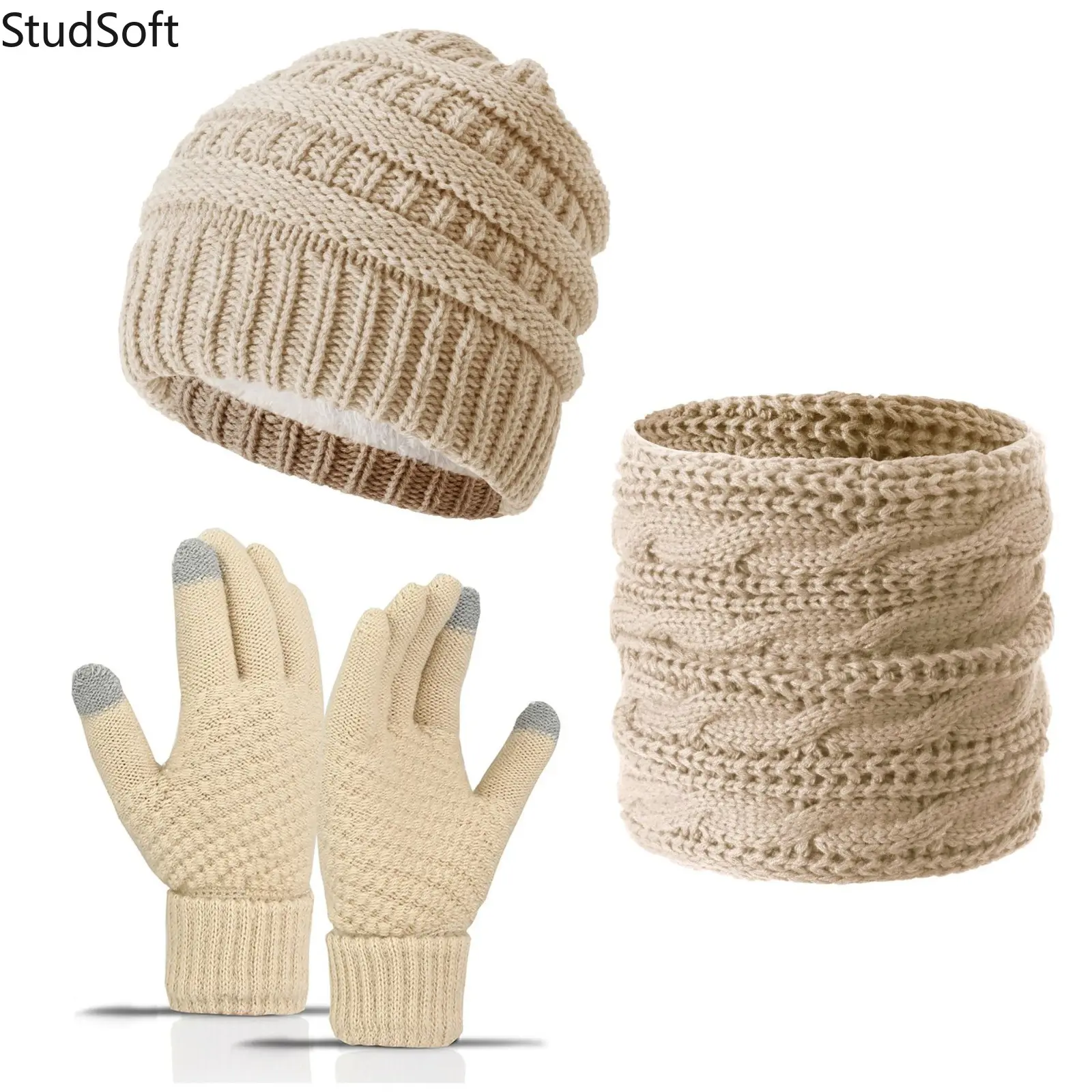 Unisex 3-Piece Winter Warm Chunky Knit Outdoor Wear Set - Fleece-Lined Beanie Skull Cap, Neck Warmer, Touchscreen Tips Mittens for Casual Sports & Outdoor Activities